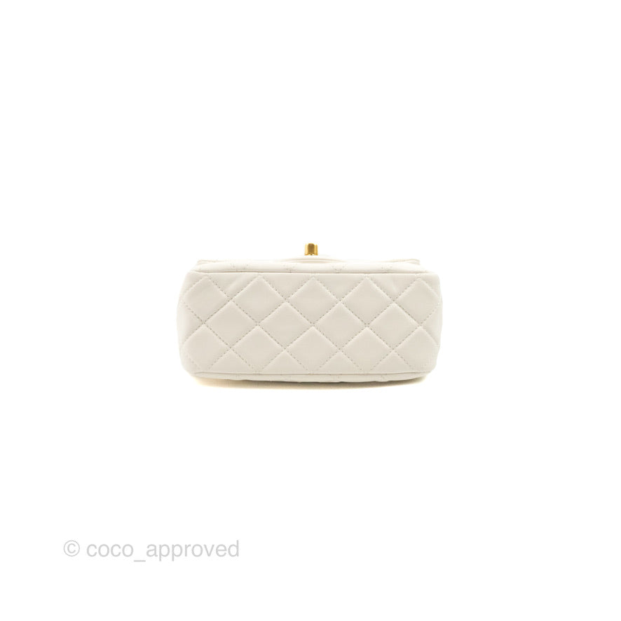 Chanel Mini Square Pearl Crush Quilted White Lambskin Aged Gold Hardware