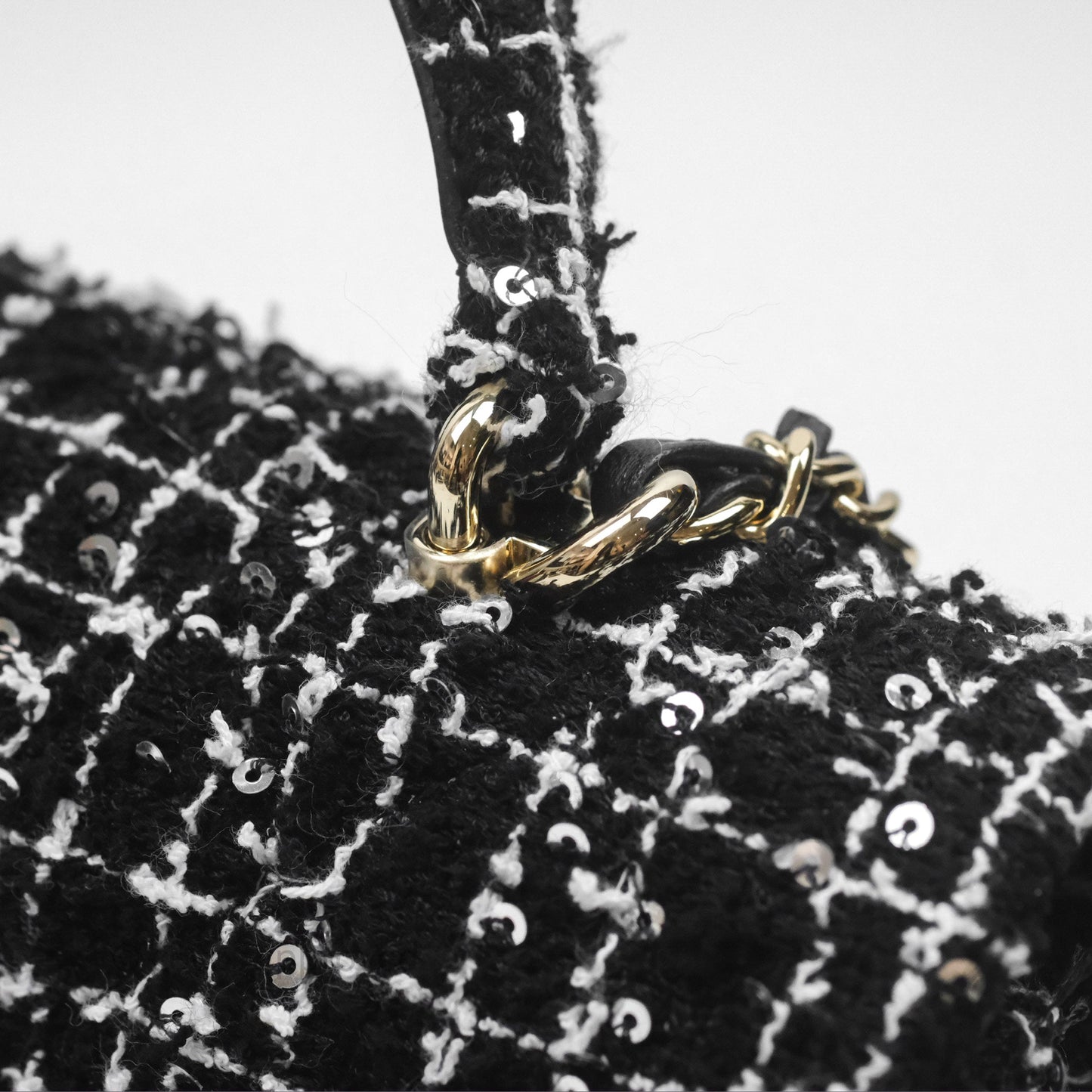 Chanel Top Handle Mini Rectangular Flap Black/ White Sequin Tweed Gold Hardware 24P
