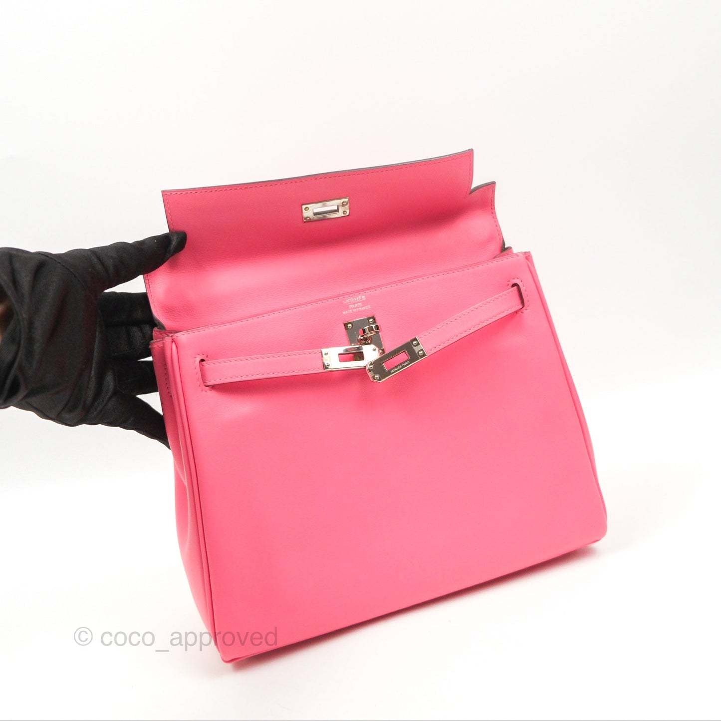 Hermès Retourne Kelly 25 Rose Azalee Swift Palladium Hardware