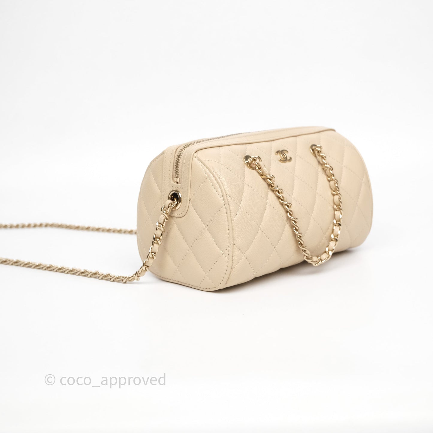 Chanel Mini Quilted Bowling Bag Beige Caviar Gold Hardware 25P