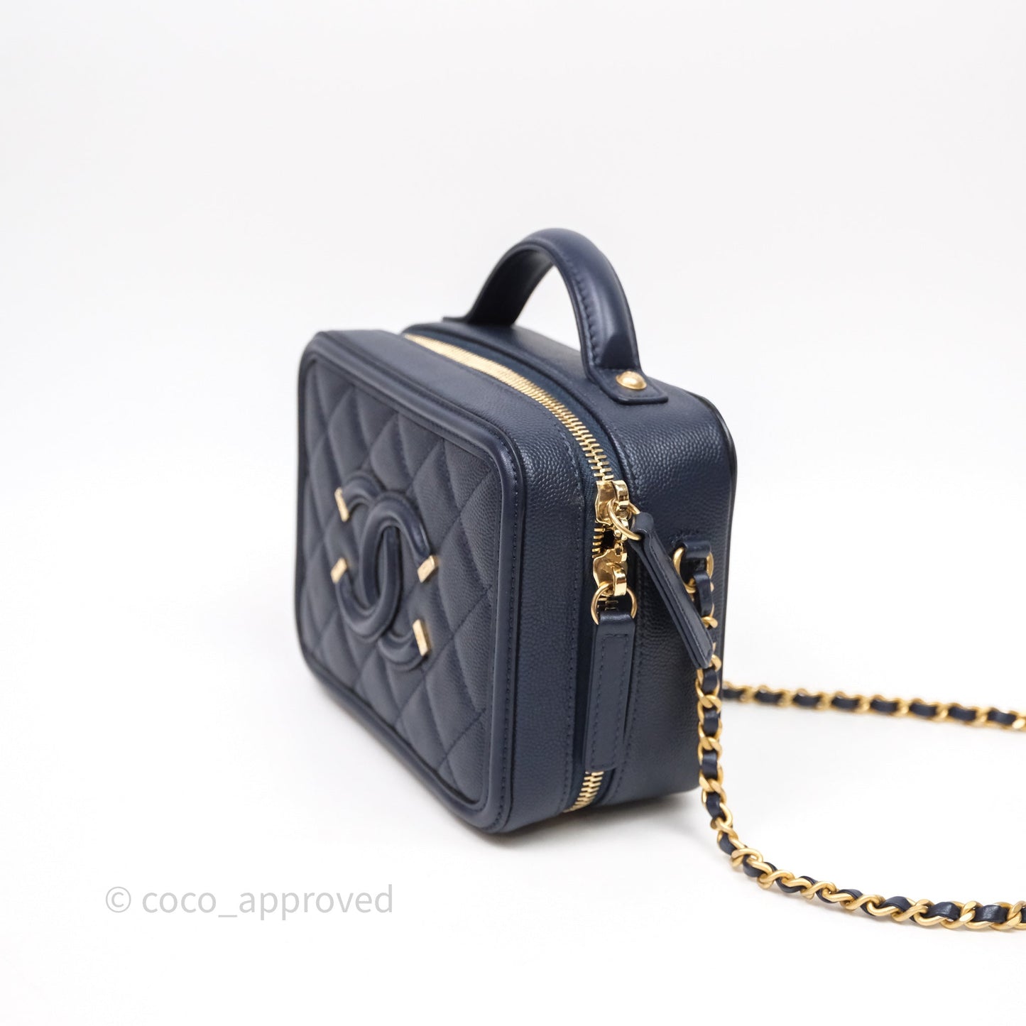 Chanel Quilted Small CC Filigree Vanity Case Navy Caviar Gold Hardware
