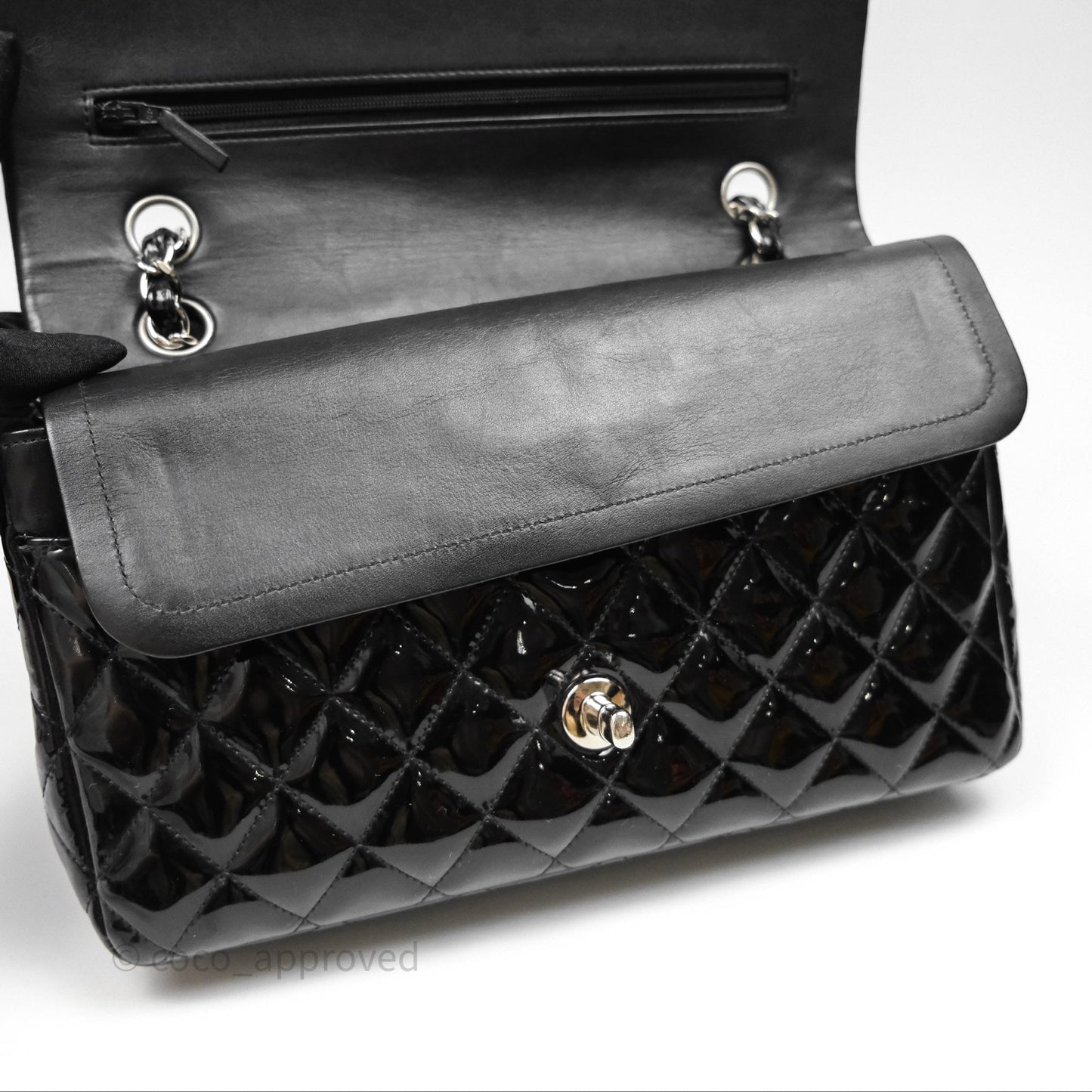 Chanel Classic M/L Medium Flap Quilted Black Patent Silver Hardware