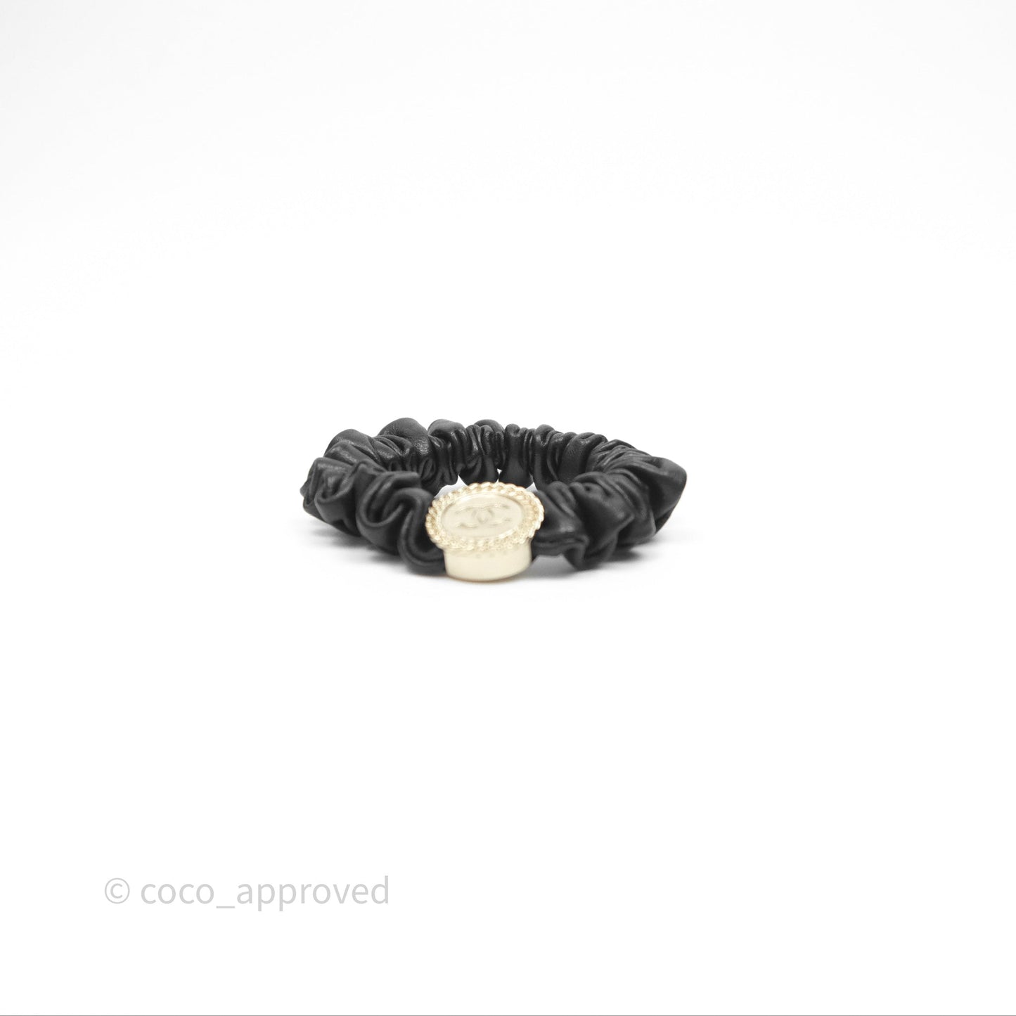 Chanel CC Black Leather Scrunchie Hair Accessory Gold Tone 22P