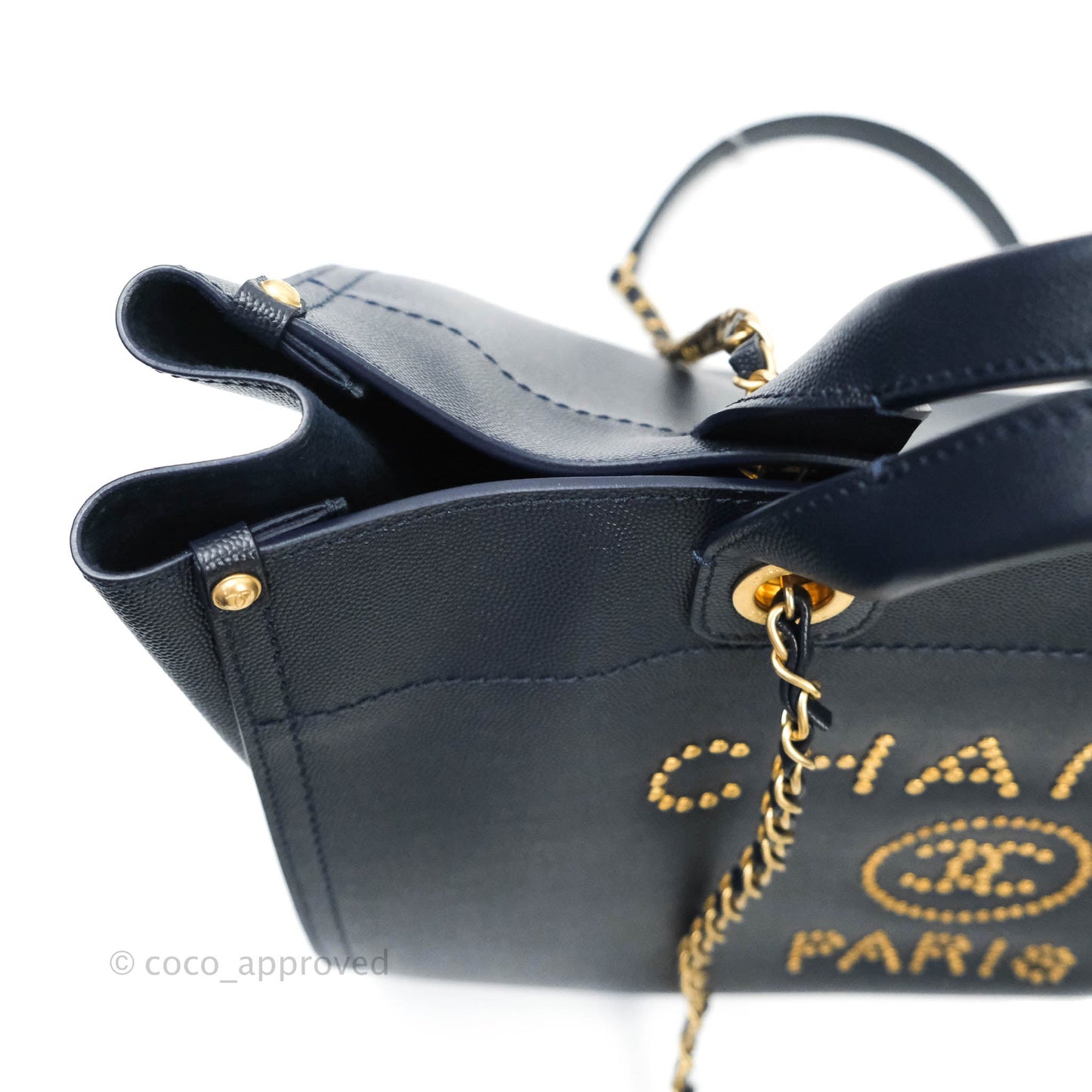 Chanel Medium Studded Navy Caviar Deauville Shopping Bag Aged Gold Hardware