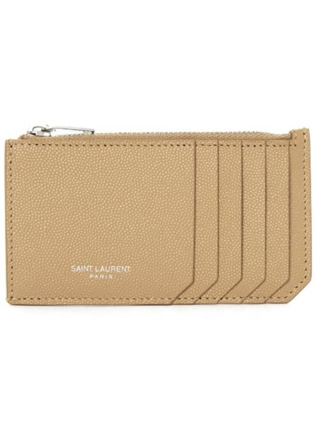 Luxury Saint Laurent Logo Print Pebbled Leather Card Wallet Brown