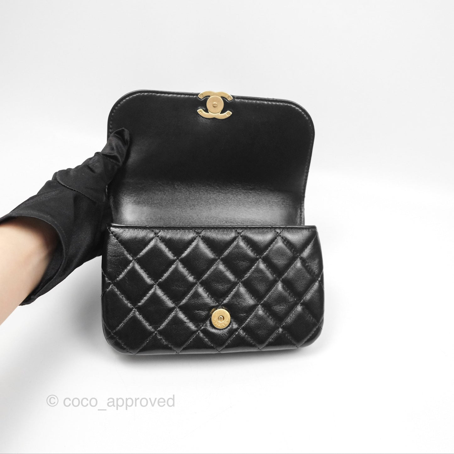 Chanel Flap Phone Holder With Chain Quilted Black Shiny Lambskin