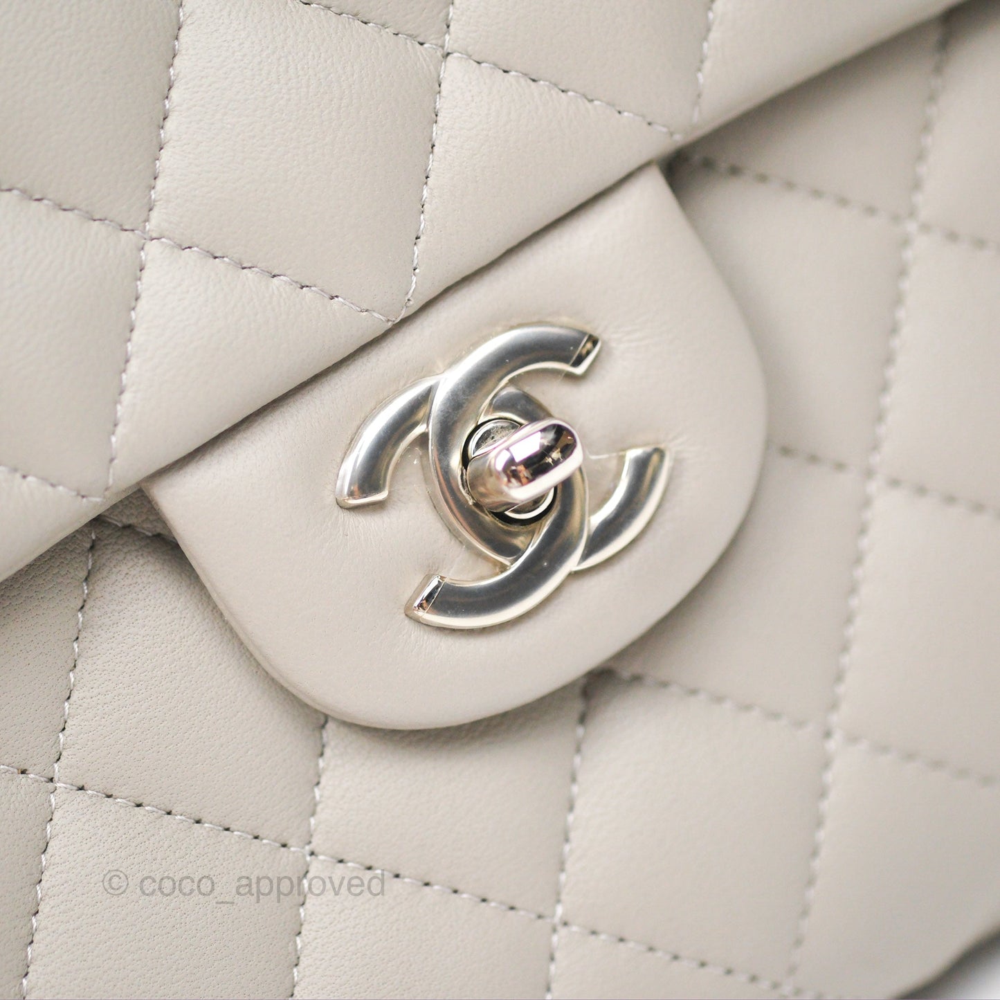Chanel Classic Flap Clutch Quilted Light Grey Lambskin Silver Hardware