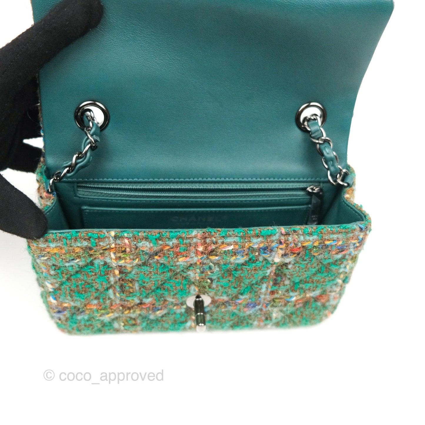 Chanel Mini Rectangular Flap Quilted Green Tweed Gun Metal 23A