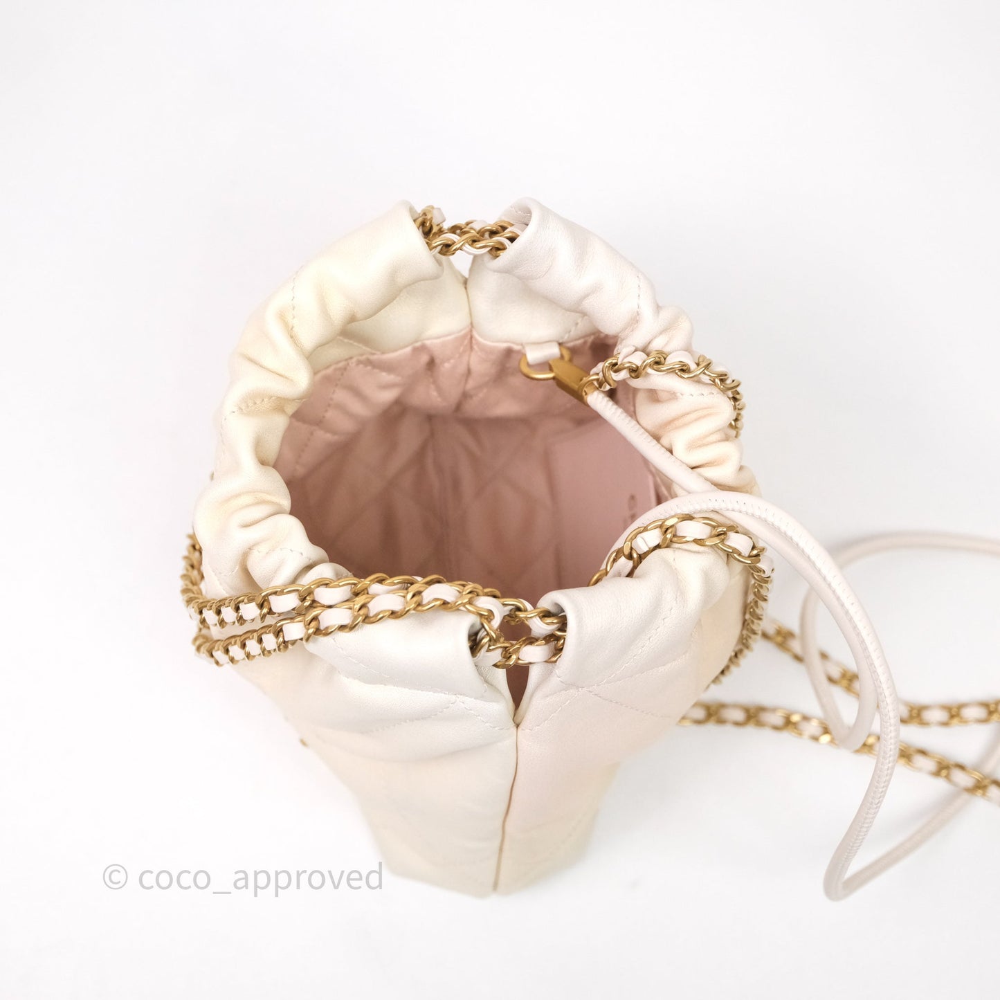 Chanel 22 Mini Bag Iridescent Light Pearly Calfskin Aged Gold Hardware