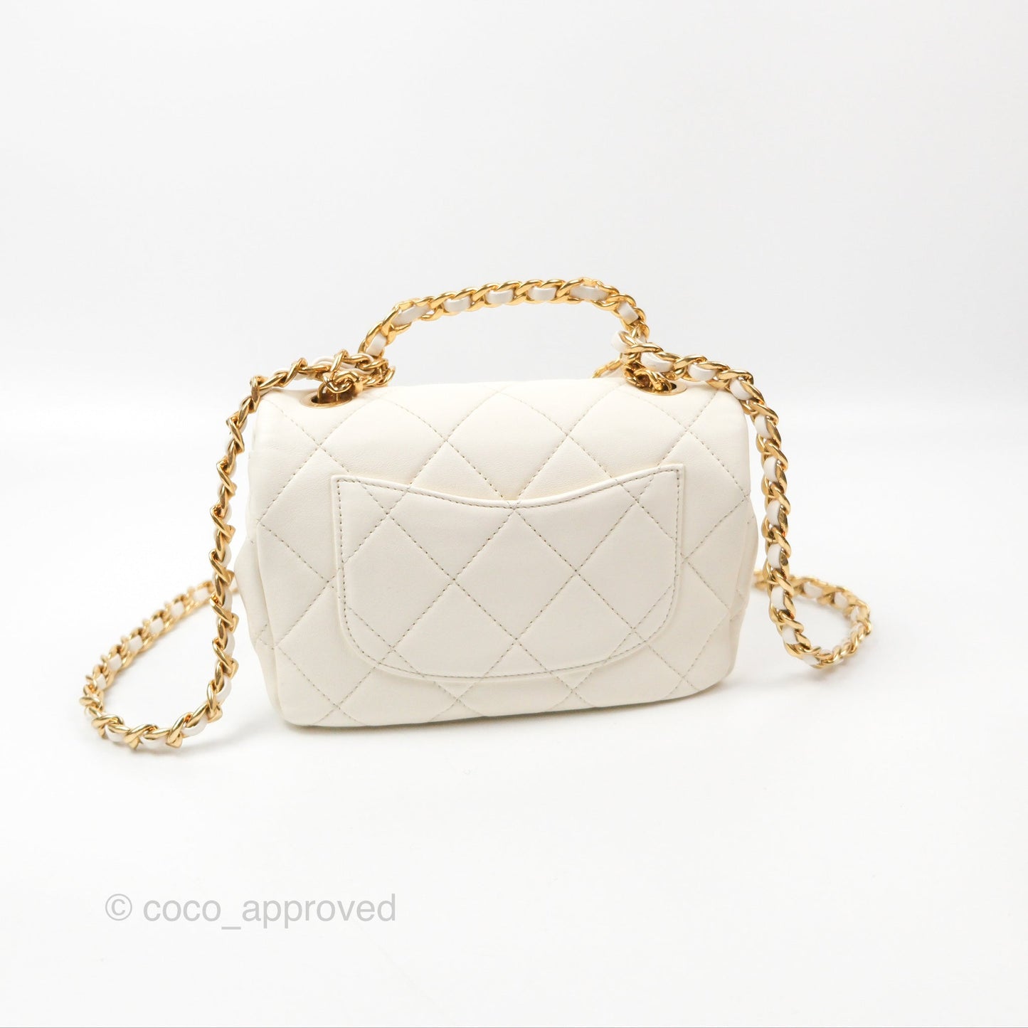 Chanel Quilted Flap Bag With Chanel Logo Top Handle White Calfskin Gold Hardware
