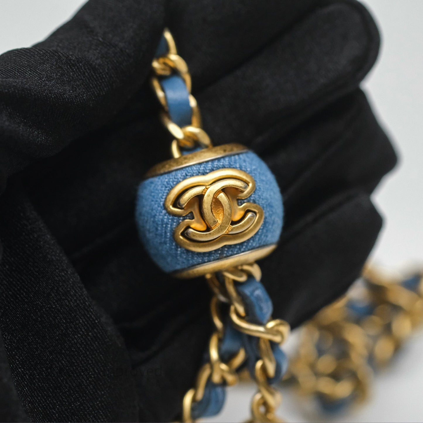Chanel Quilted Pearl Crush Round Clutch With Chain Denim Aged Gold Hardware