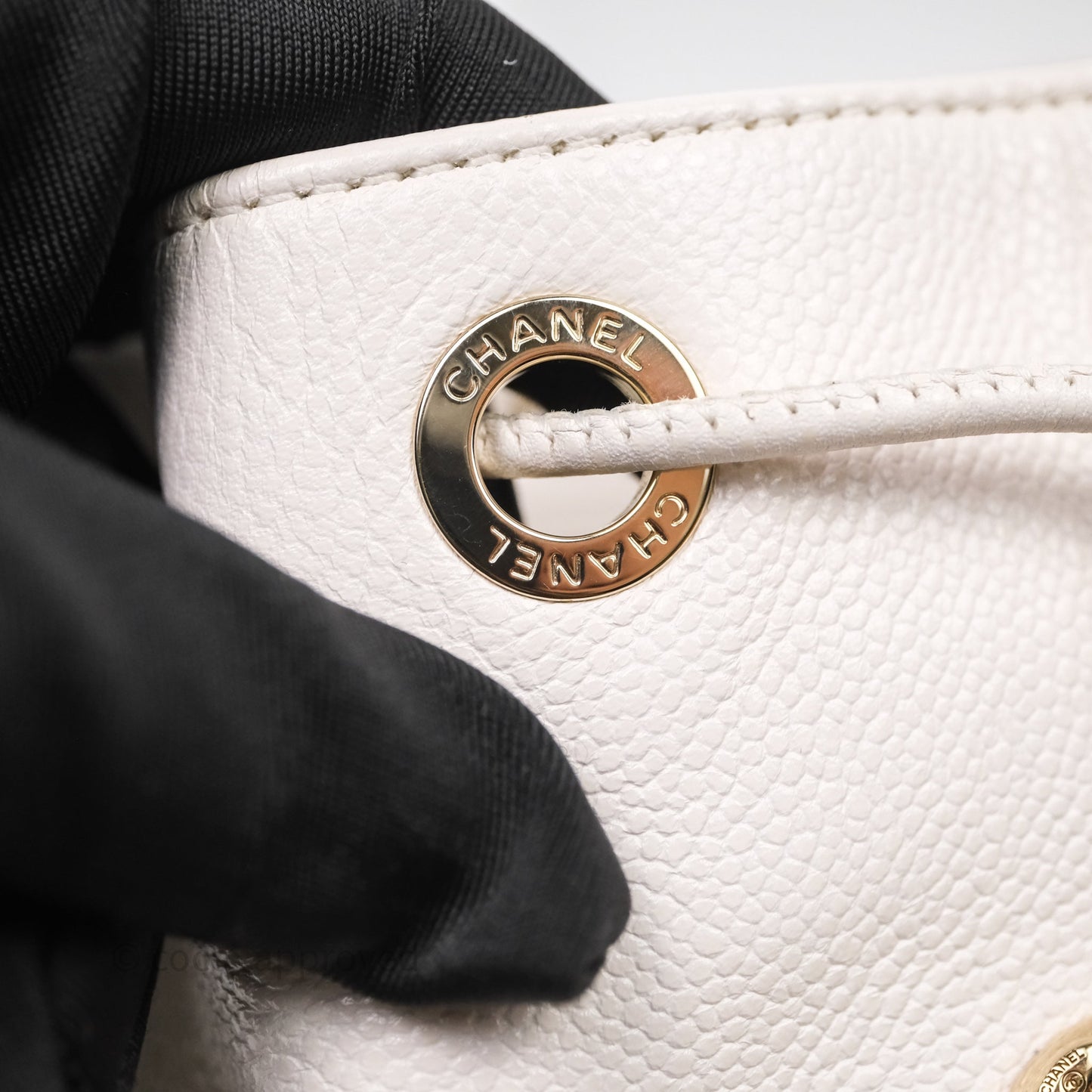 Chanel Business Affinity Drawstring Bucket Bag White Caviar Gold Hardware