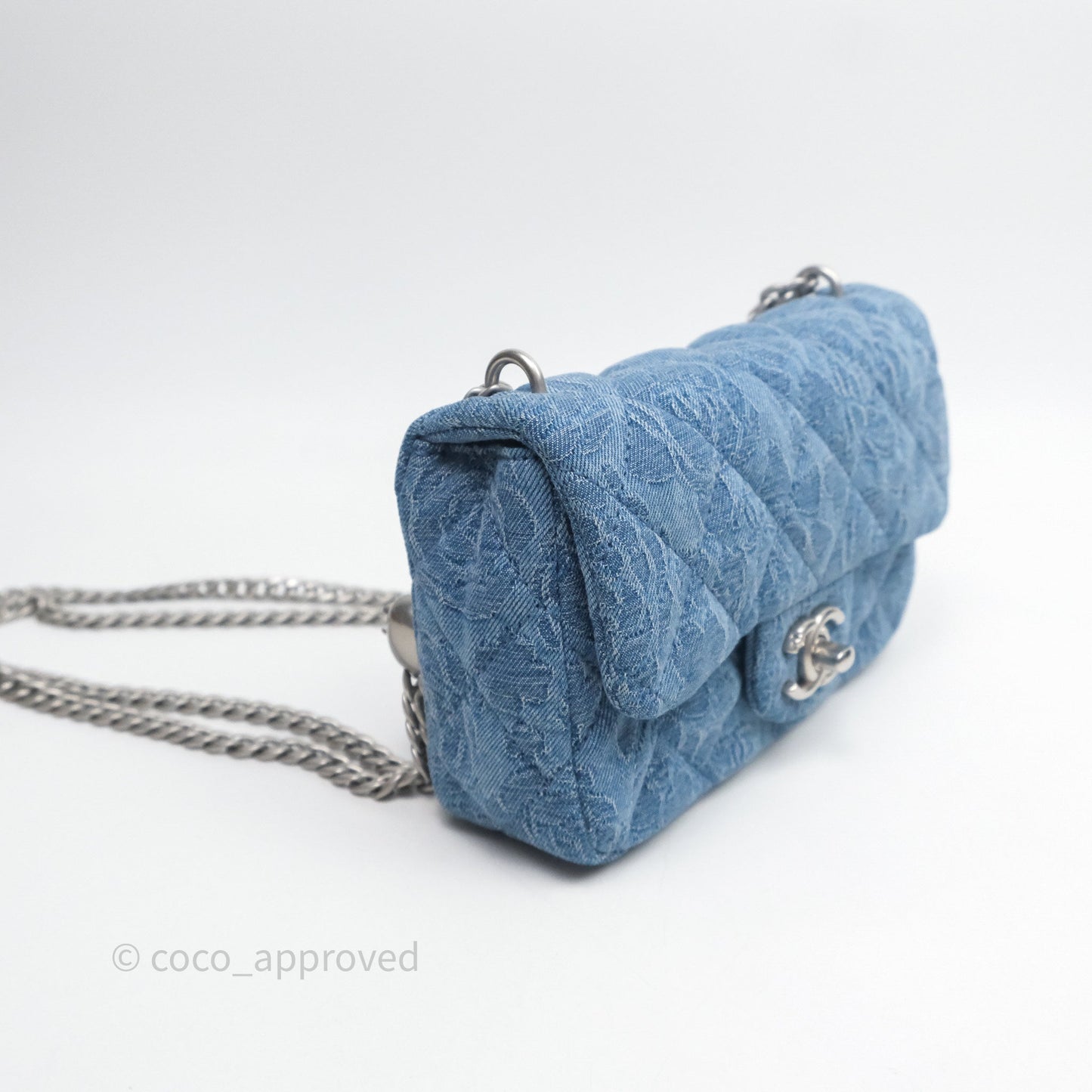 Chanel Quilted Camellia Printed Heart Crush Mini Flap Bag Blue Denim Aged Silver Hardware