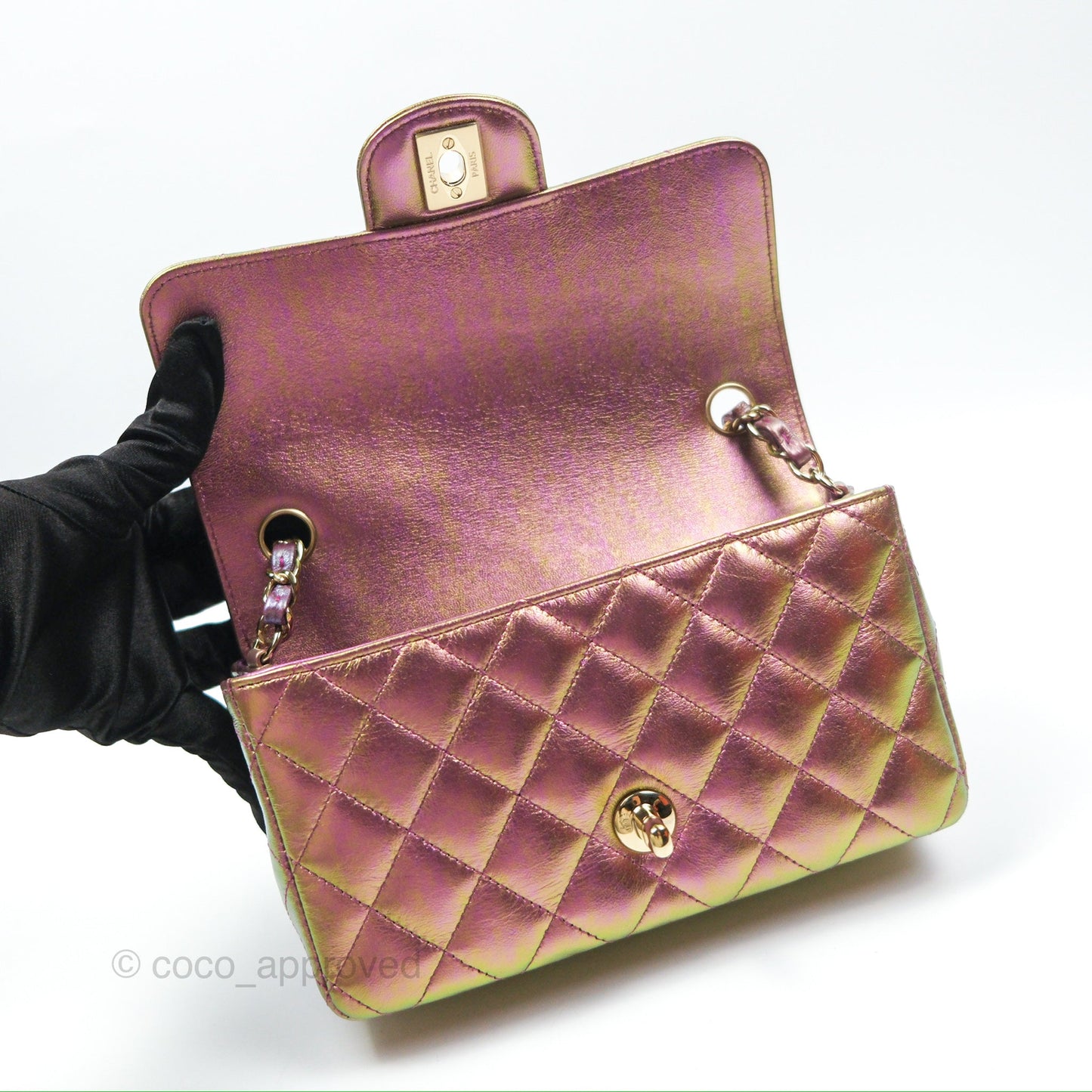 Chanel Classic Quilted Mini Rectangular Flap Metallic Purple Calfskin Gold Hardware
