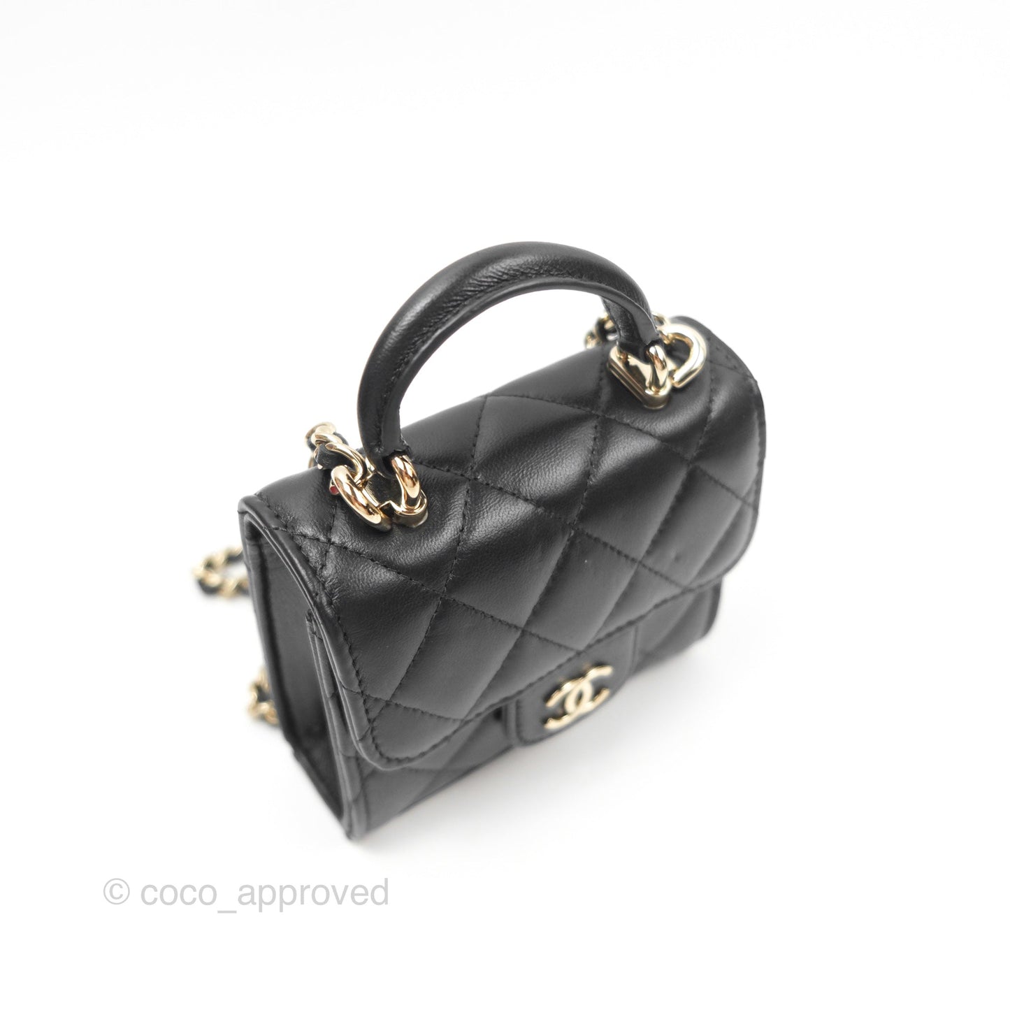 Chanel Mini Handle Clutch With Chain Black Lambskin Gold Hardware