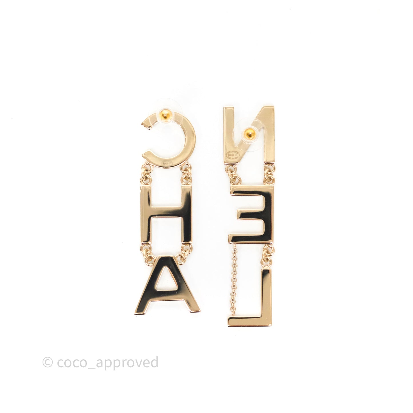 Chanel Letter Cha-Nel Logo Drop Earrings Gold Tone 20V