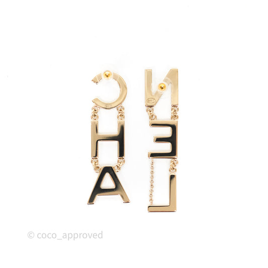 Chanel Letter Cha-Nel Logo Drop Earrings Gold Tone 20V