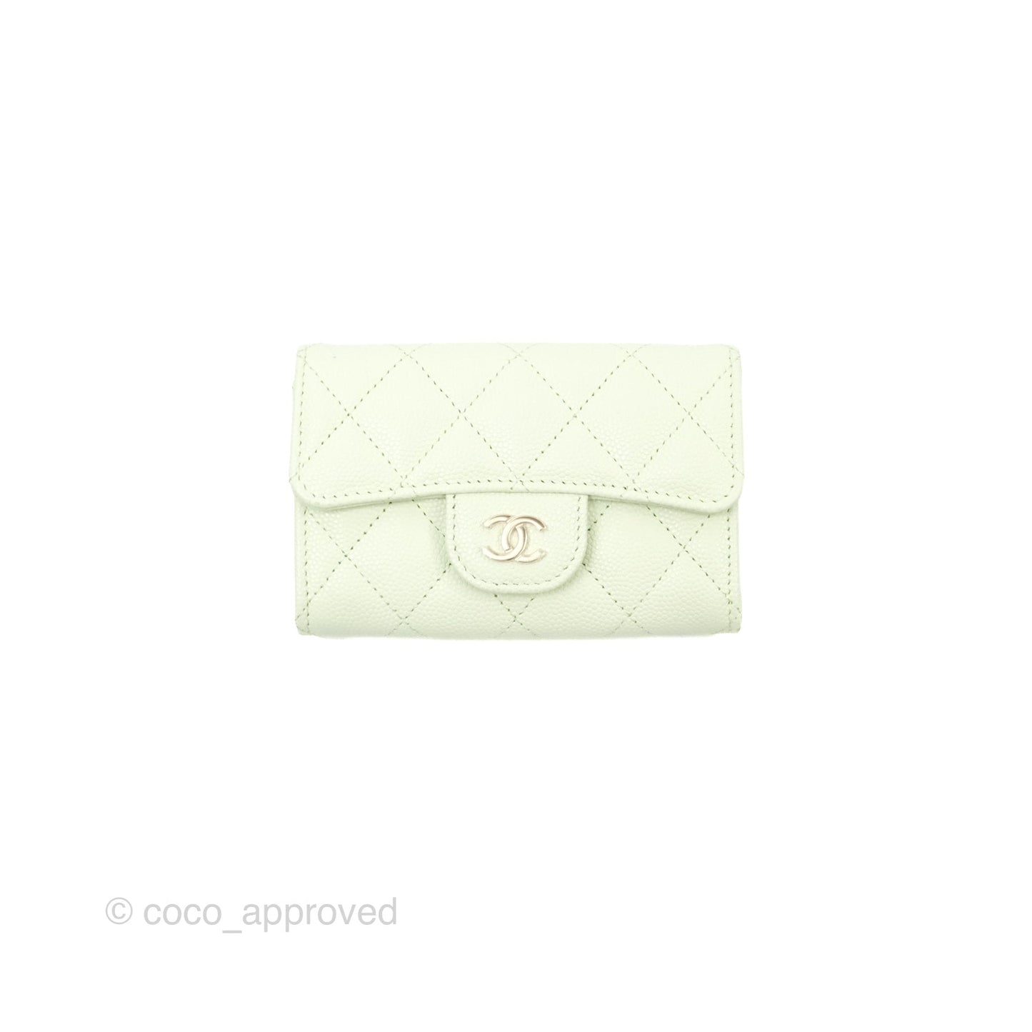 Chanel Quilted Flap Card Holder Light Green Caviar Gold Hardware