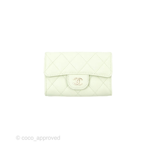 Chanel Quilted Flap Card Holder Light Green Caviar Gold Hardware