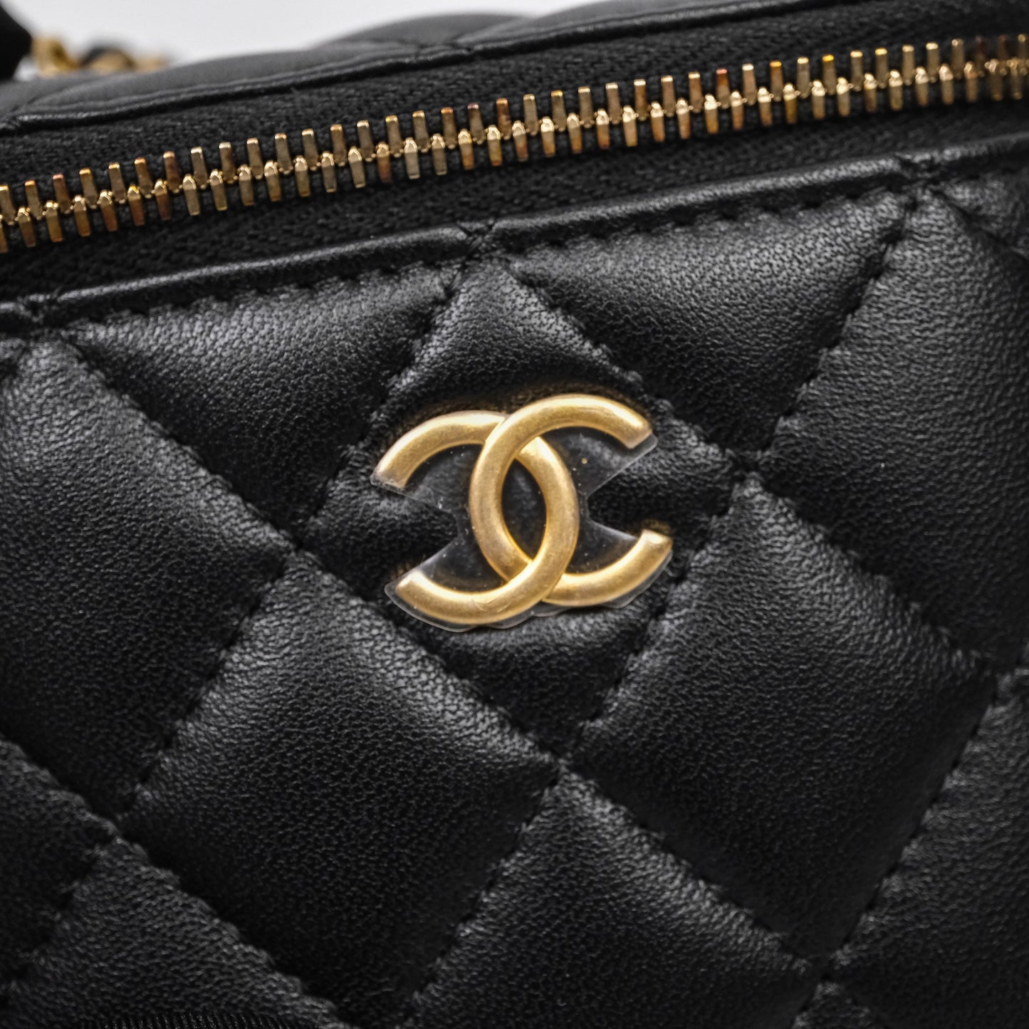 Chanel Mini Vanity With Double Chain Black Lambskin Aged Gold Hardware