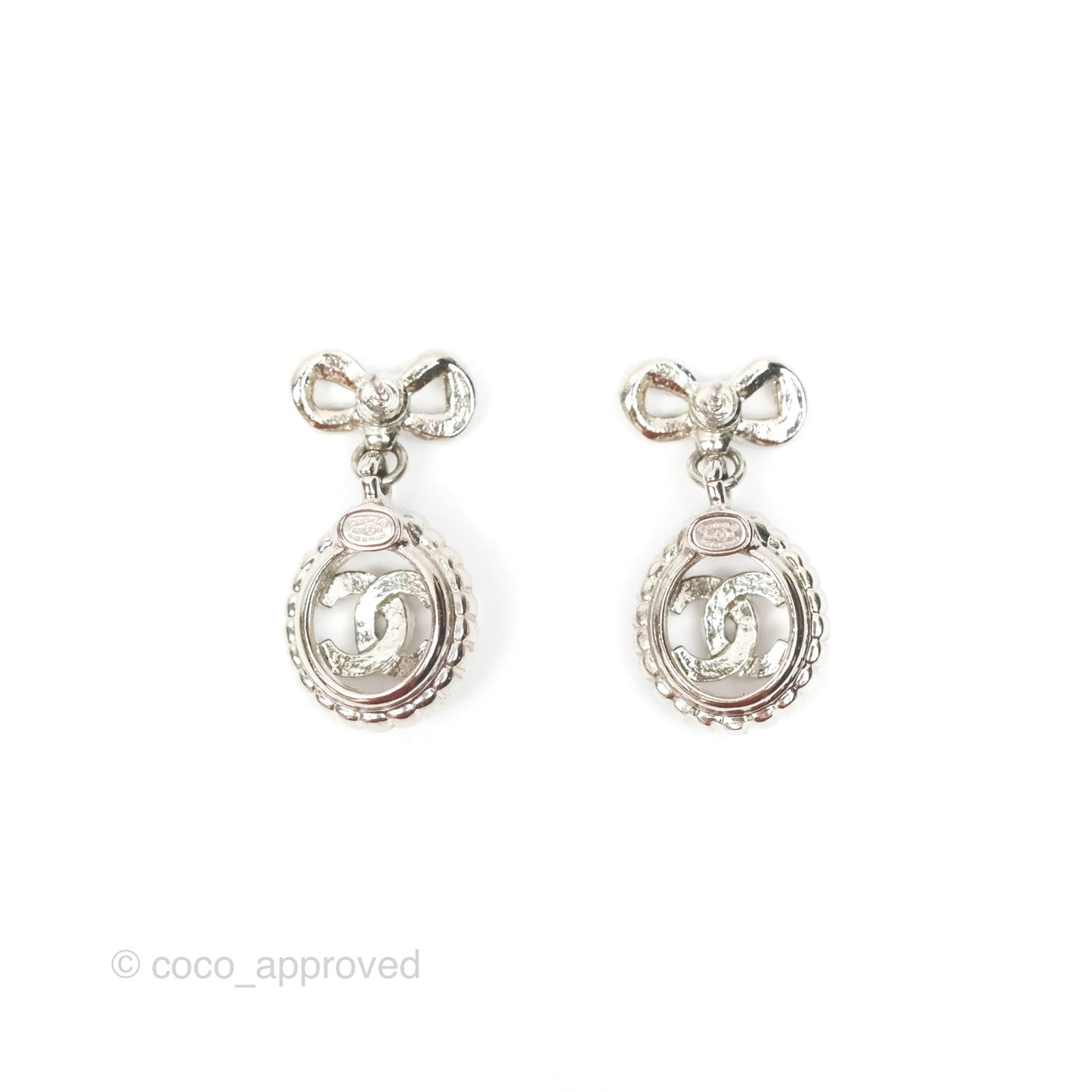Chanel Crystal CC Bow Knot Drop Earrings Silver Tone 22B