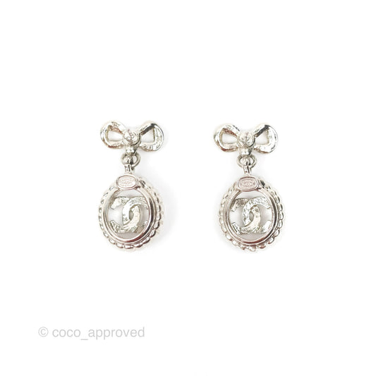 Chanel Crystal CC Bow Knot Drop Earrings Silver Tone 22B
