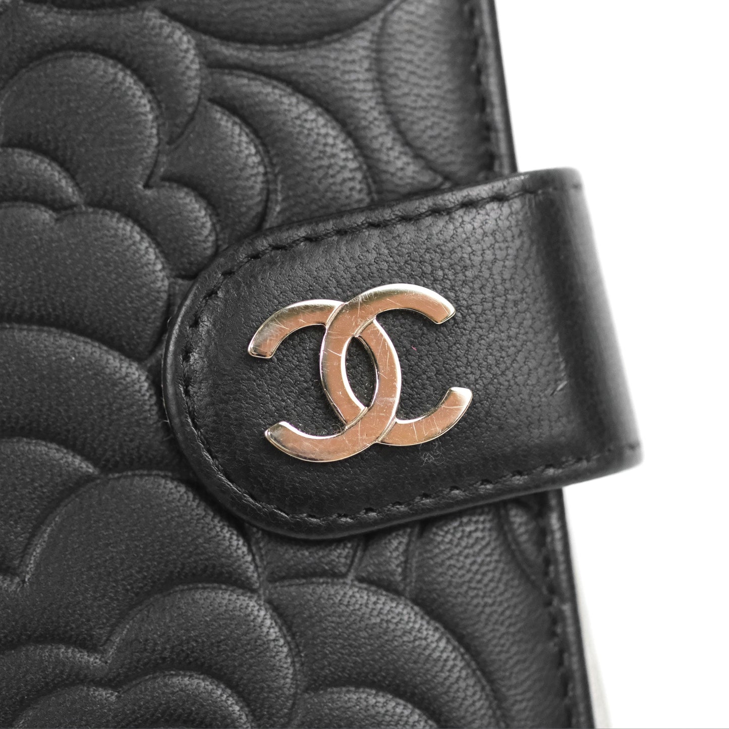 Chanel Wallet Black Camellia Embossed Lambskin Silver Hardware