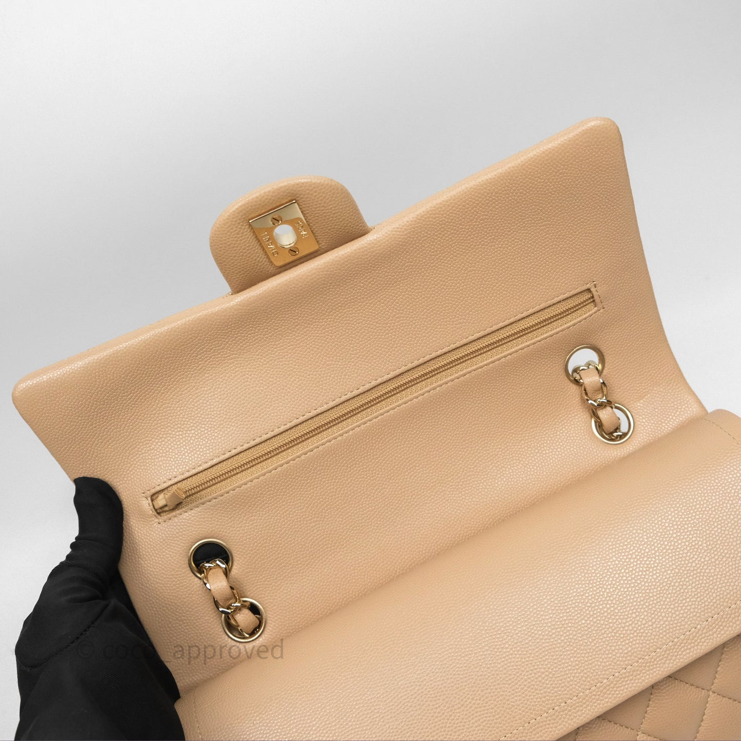 Chanel Classic M/L Medium Double Flap Dark Beige Caviar Gold Hardware 19B