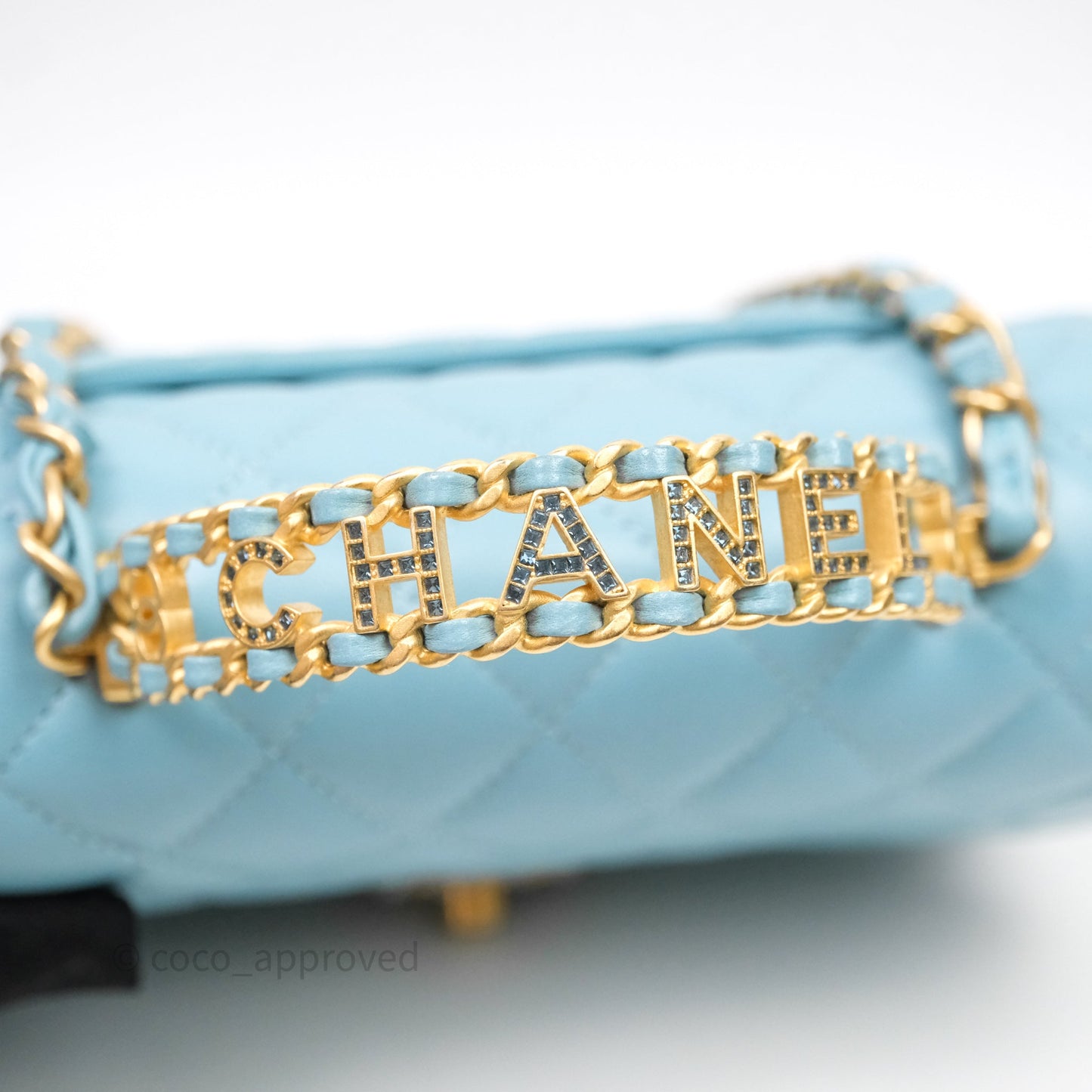 Chanel Flap Bag with Crystal Logo Top Handle Tiffany Blue Lambskin Aged Gold Hardware