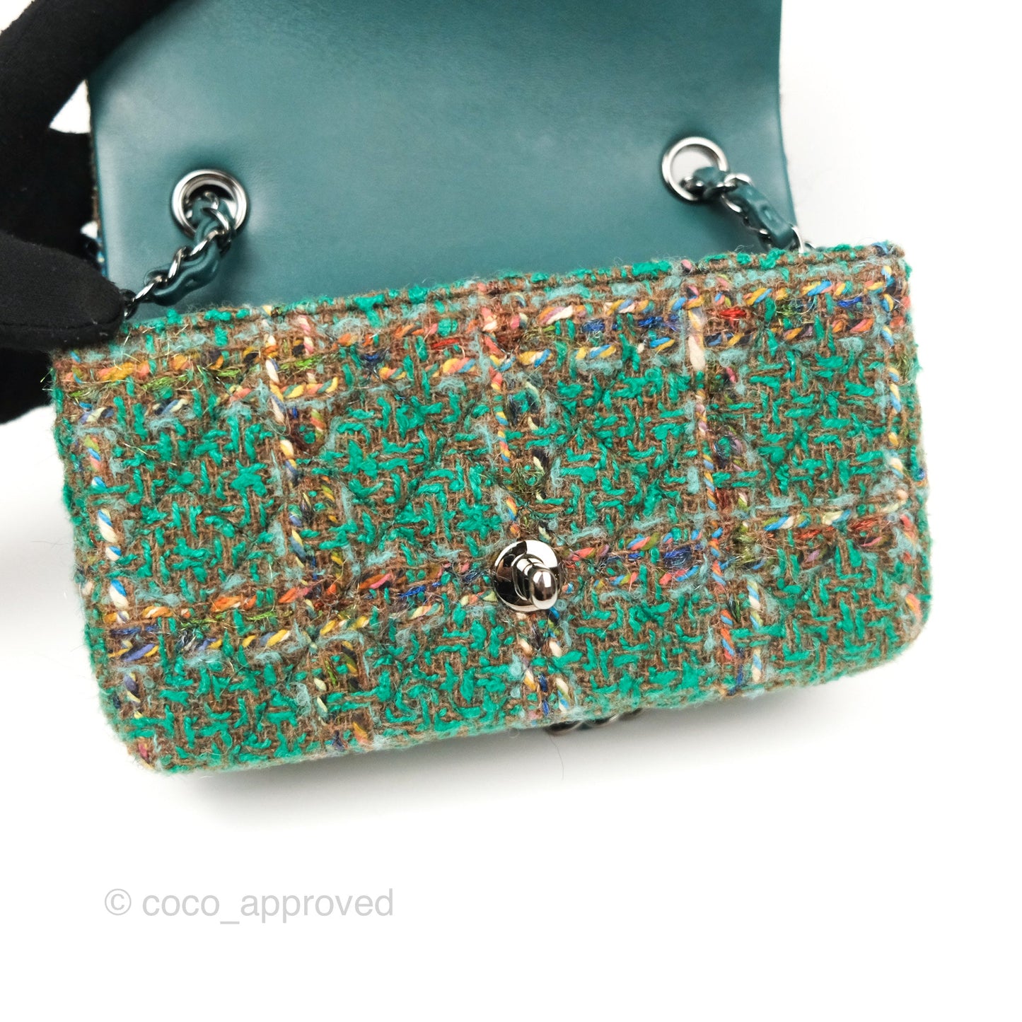 Chanel Mini Rectangular Flap Quilted Green Tweed Gun Metal 23A