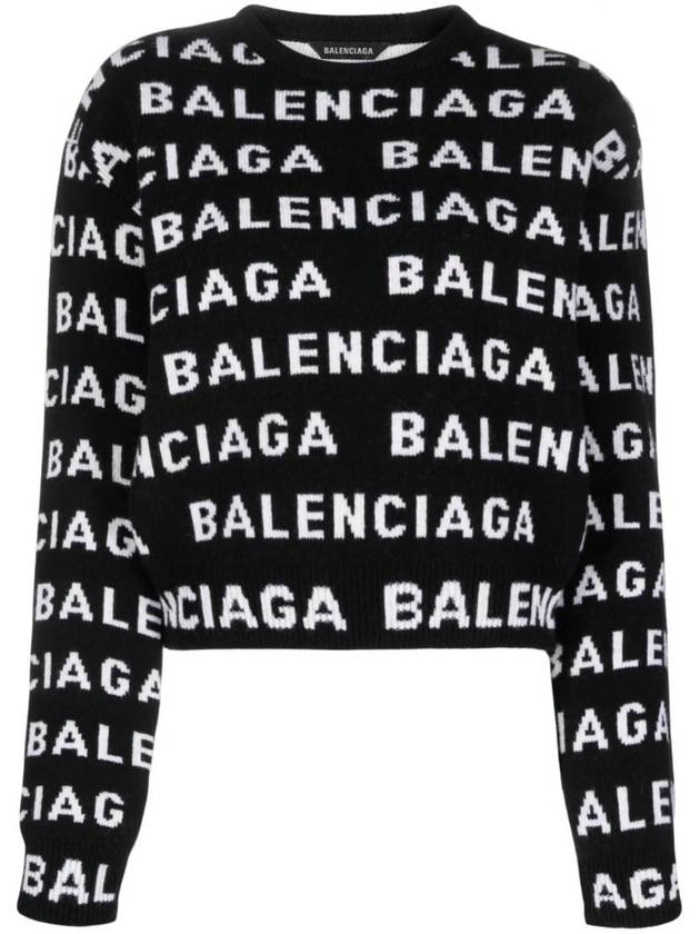 Luxury Balenciaga Intarsia All-Over Logo Crew Neck Knit Top Black