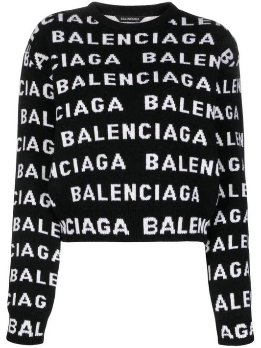 Luxury Balenciaga Intarsia All-Over Logo Crew Neck Knit Top Black