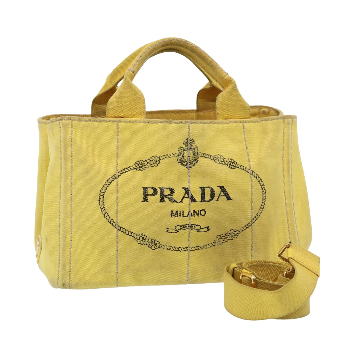 Luxury PradaCanapa PM Hand Bag Canvas 2way Yellow 79532
