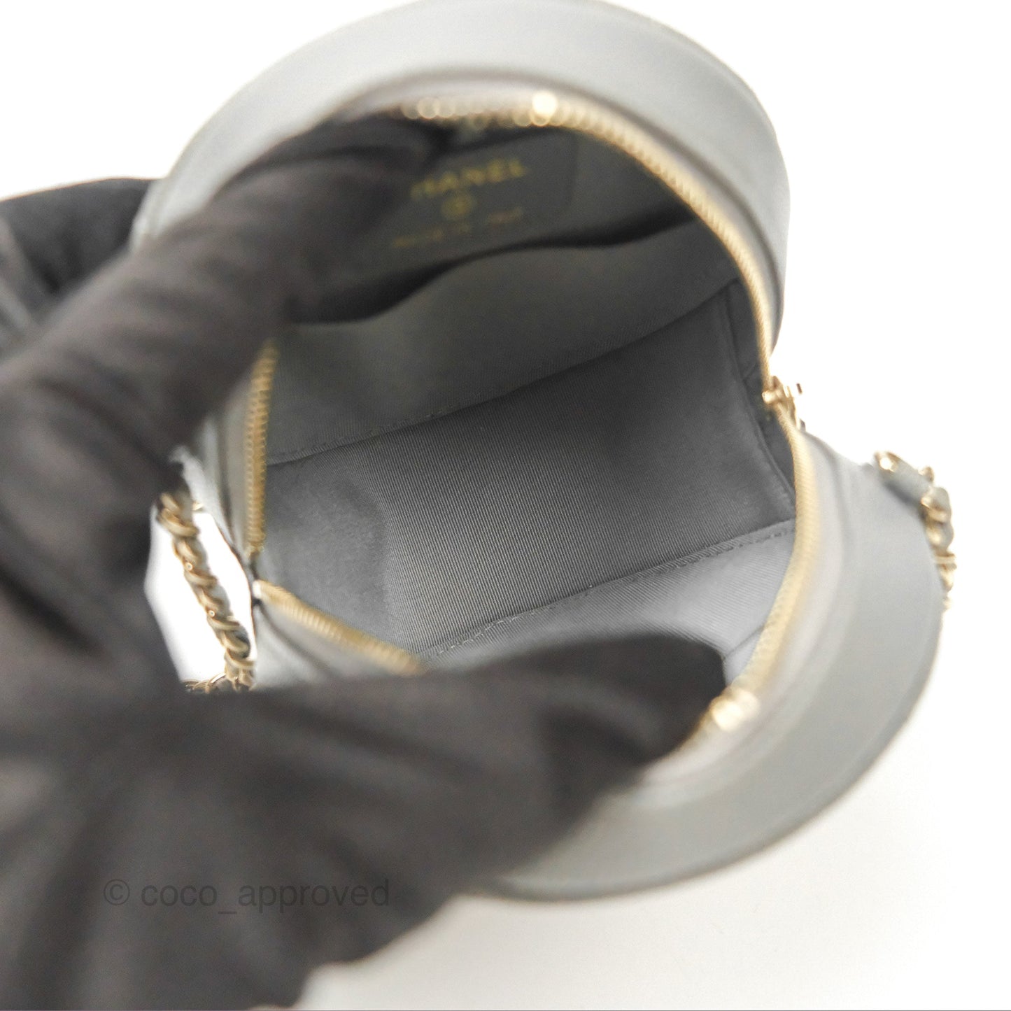 Chanel Classic Quilted Round Clutch With Chain Grey Caviar Gold Hardware
