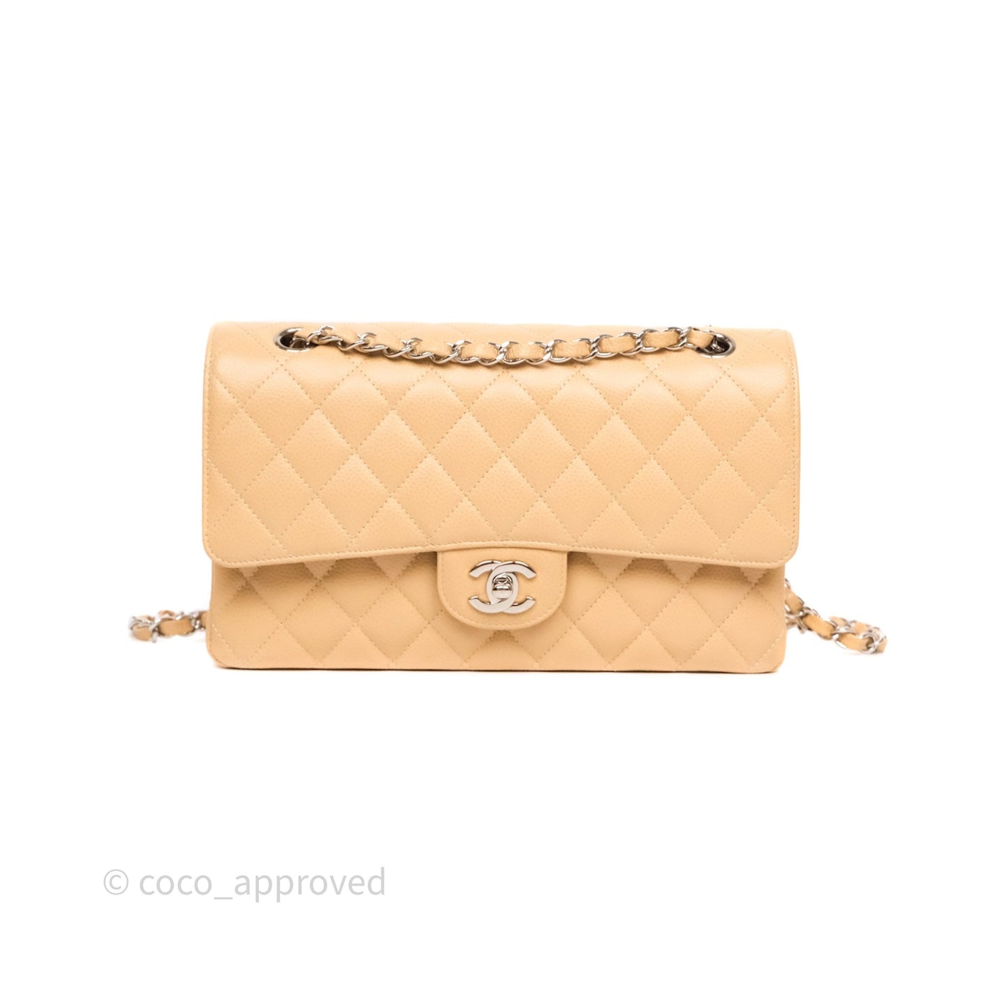 Chanel Classic M/L Medium Flap Quilted Beige Caviar Silver Hardware