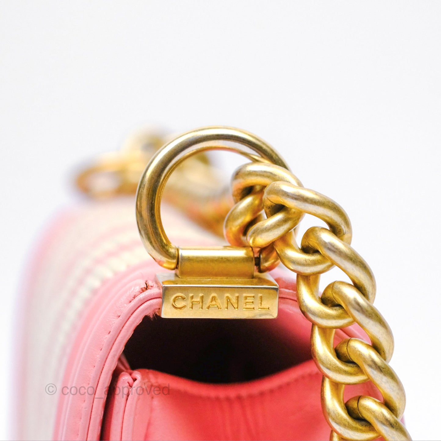 Chanel Small Boy Chevron Fabric Braided Pink Aged Gold Hardware