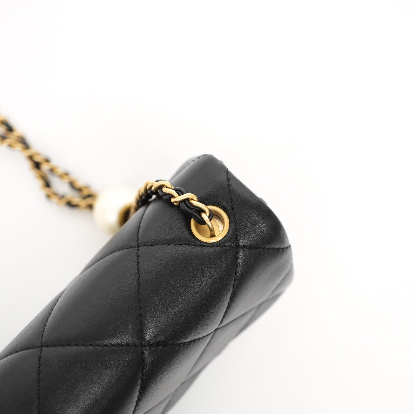 Chanel Quilted Flap Bag with Pearl Chain Black Calfskin Aged Gold Hardware