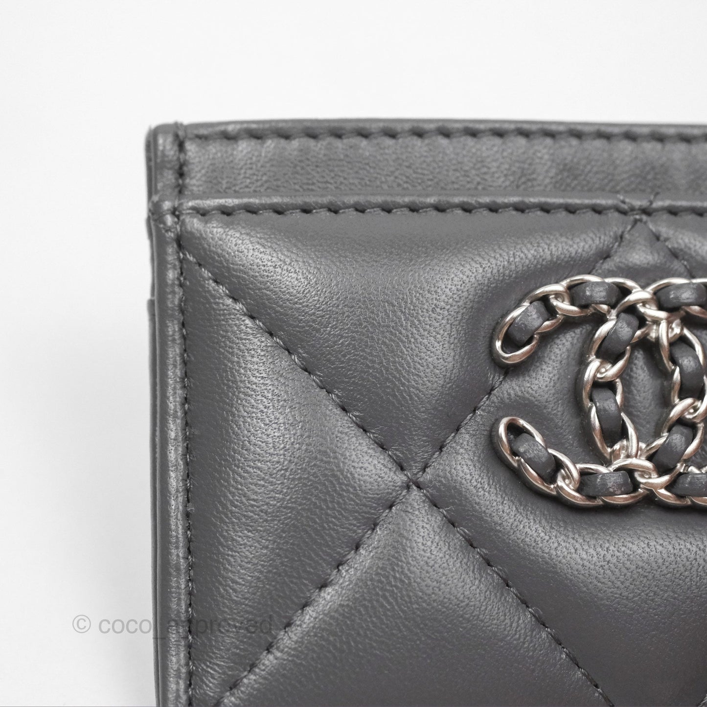 Chanel 19 Quilted Grey Flat Card Holder Silver Hardware