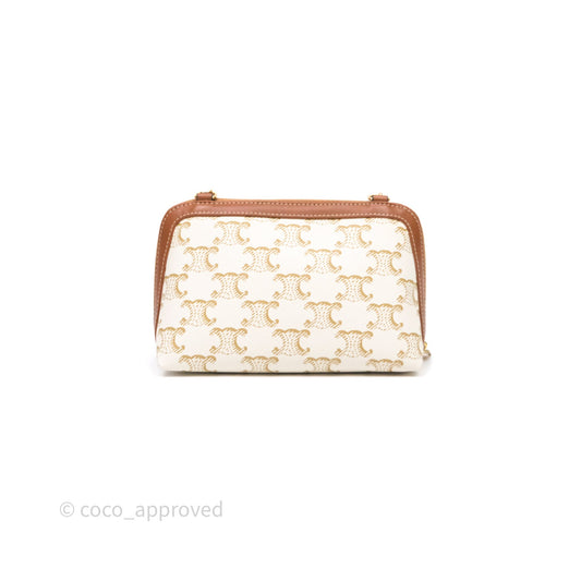 Celine Clutch With Chain Triomphe Canvas Lambskin White/Tan
