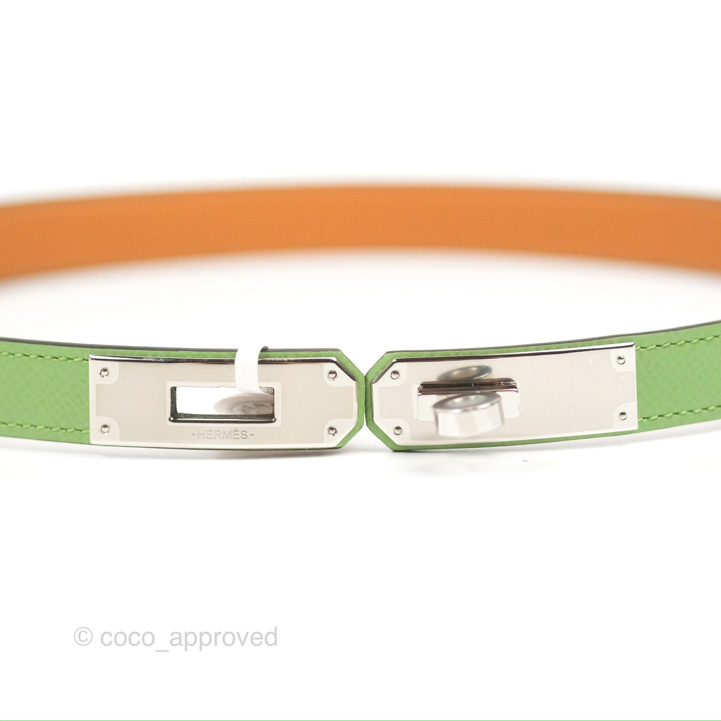 Hermès Kelly (Pocket) Belt 18 Vert Criquet / Chai Epsom Palladium Hardware