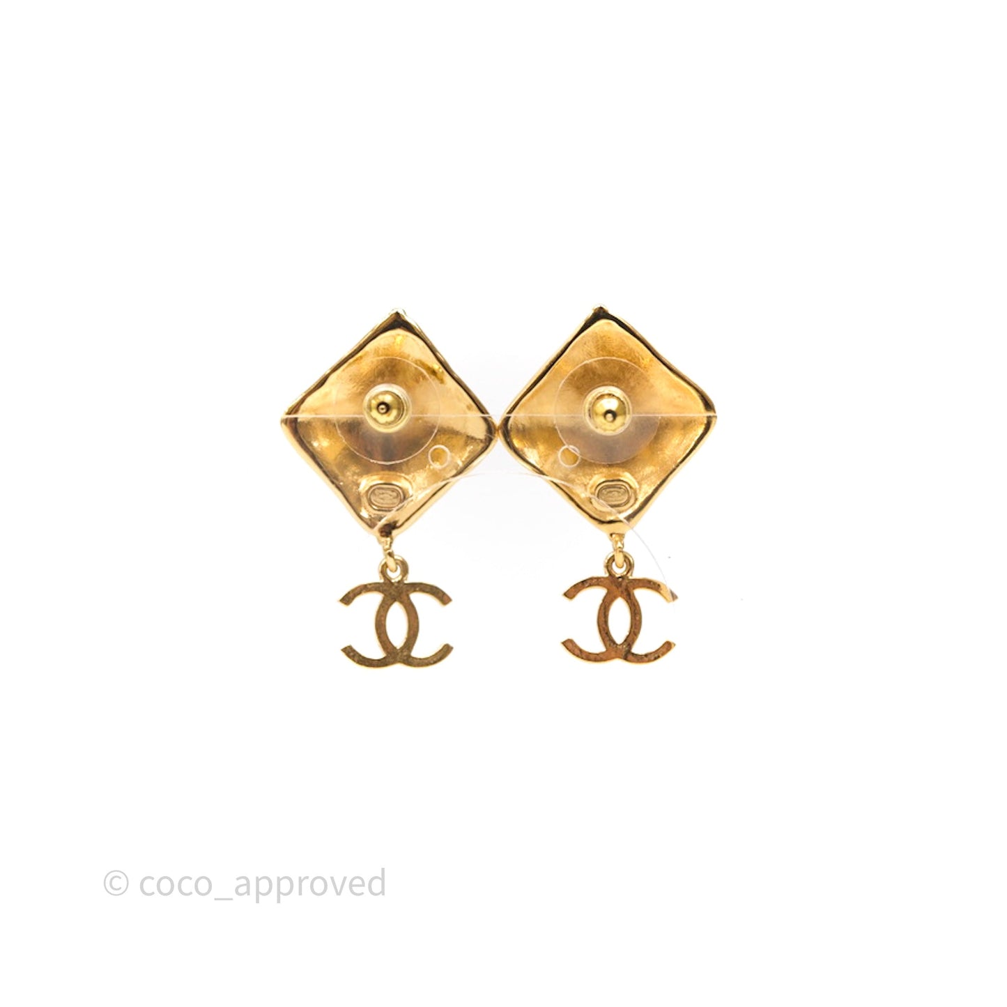 Chanel Square Drop CC Earrings Gold Tone 24K