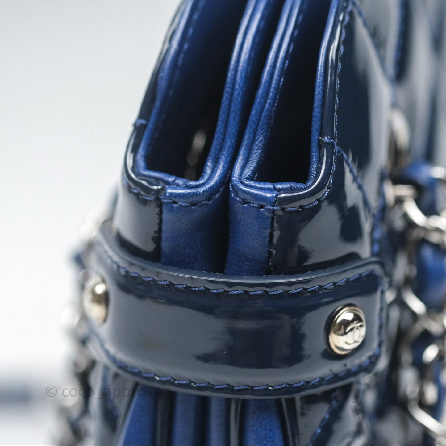 Chanel Quilted Bowling Tote Royal Blue Patent Silver Hardware