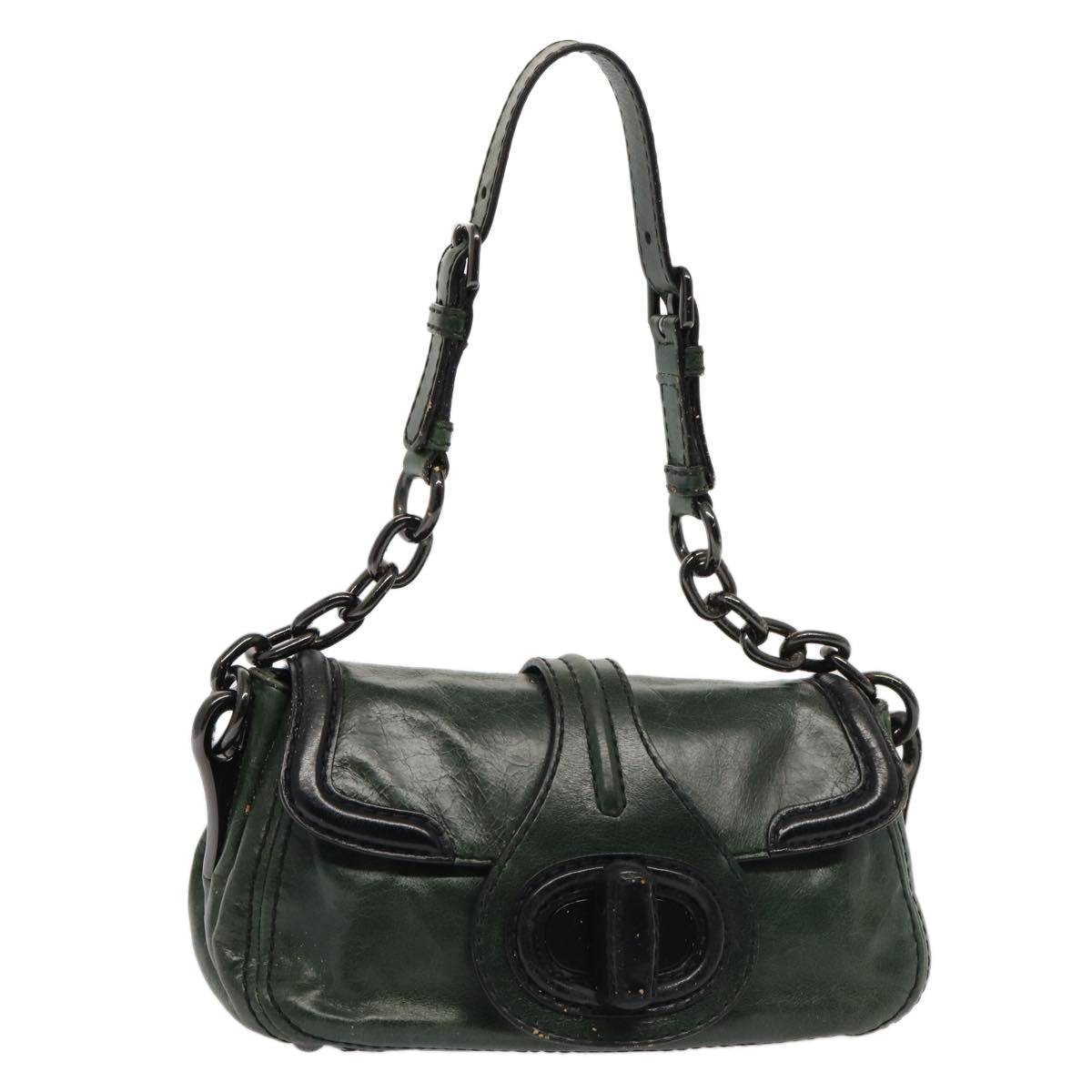 Luxury Prada Chain Shoulder Bag Leather Green Black  79796