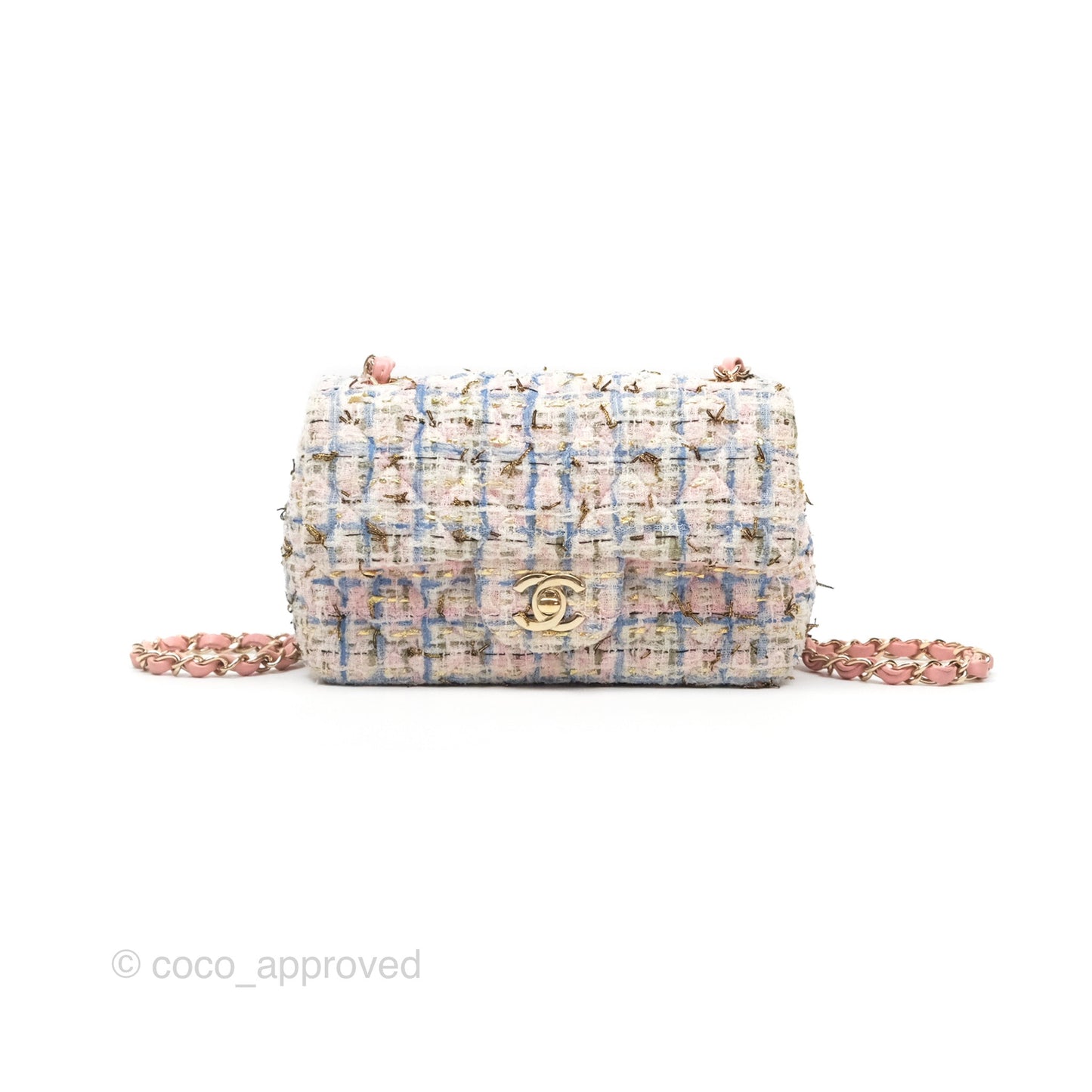 Chanel Mini Rectangular Flap Pink/ Blue/ Gold Tweed Gold Hardware