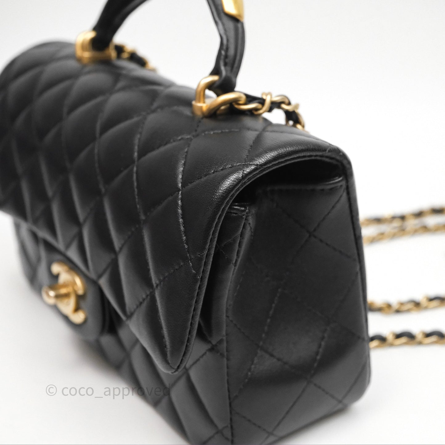 Chanel Metal Top Handle Mini Rectangular Flap Bag Black Lambskin Aged Gold Hardware