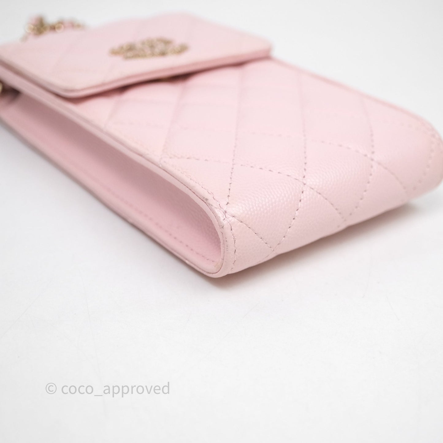 Chanel Quilted Crystal CC Pink Caviar Airpods Phone Case With Chain Light Gold Hardware