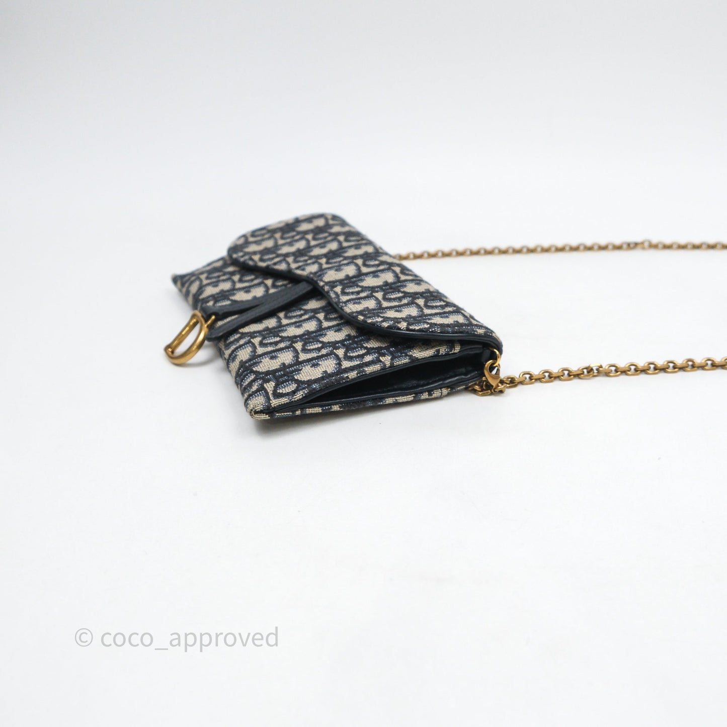 Christian Dior Small Saddle Pouch Wallet with Chain Blue Dior Oblique Jacquard