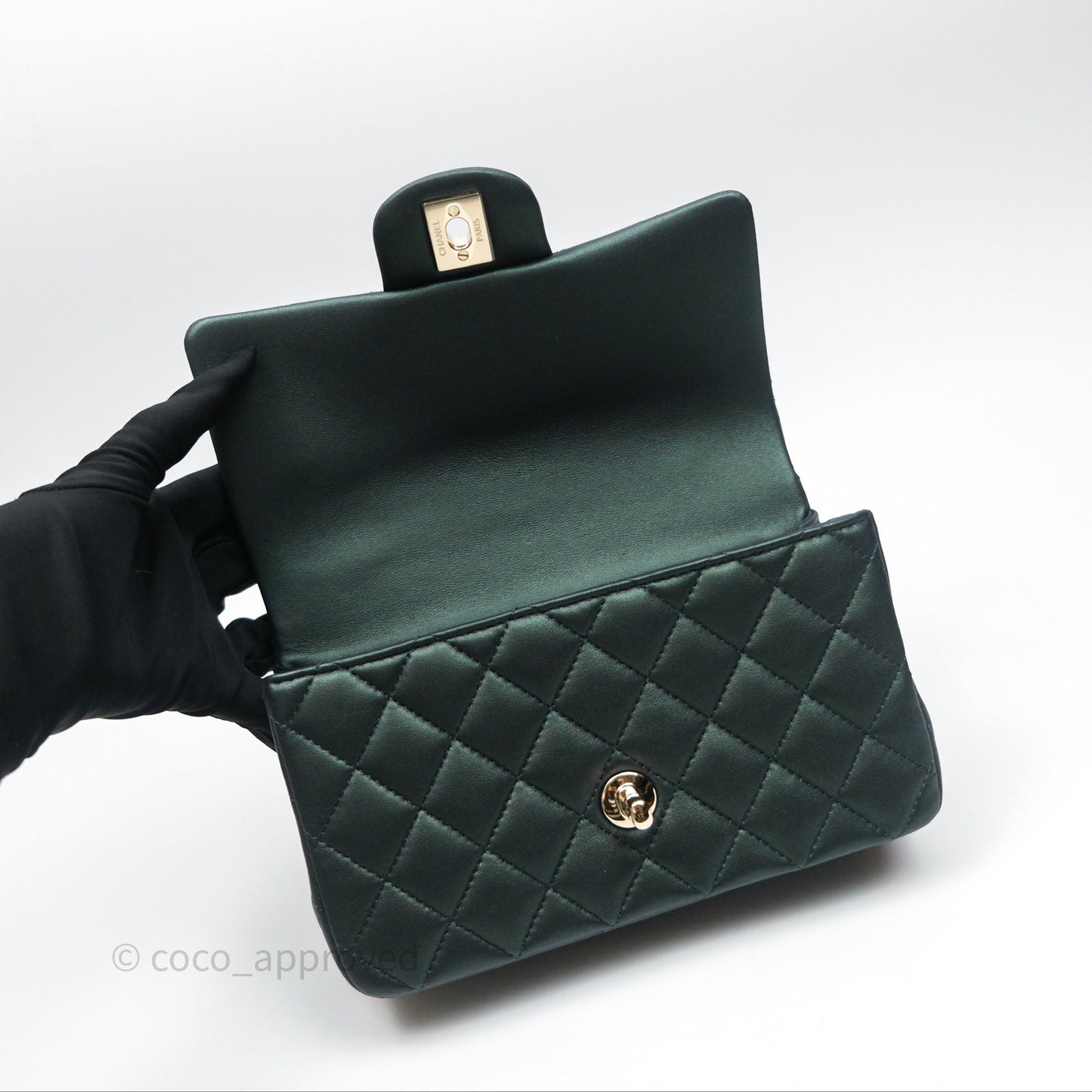 Chanel Top Handle Mini Rectangular Flap Iridescent Green Lambskin Gold Hardware