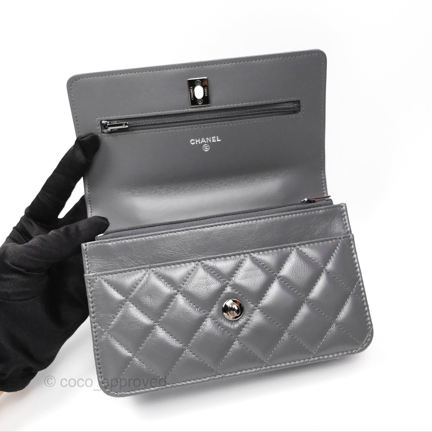 Chanel Top Handle Wallet On Chain WOC Dark Grey Calfskin Gun Metal 23K