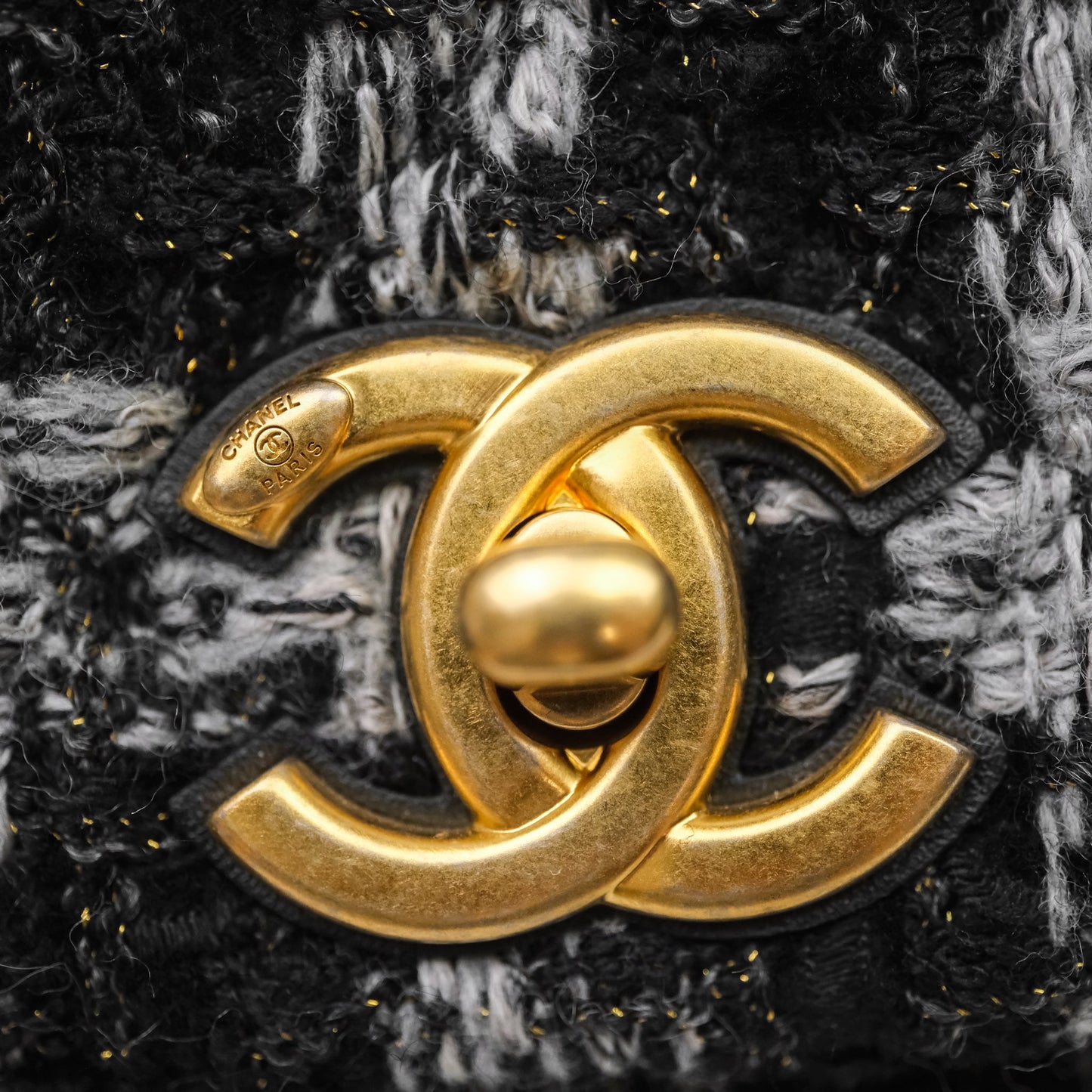 Chanel Mini Flag Bag Black & Grey Tweed Aged Gold Hardware